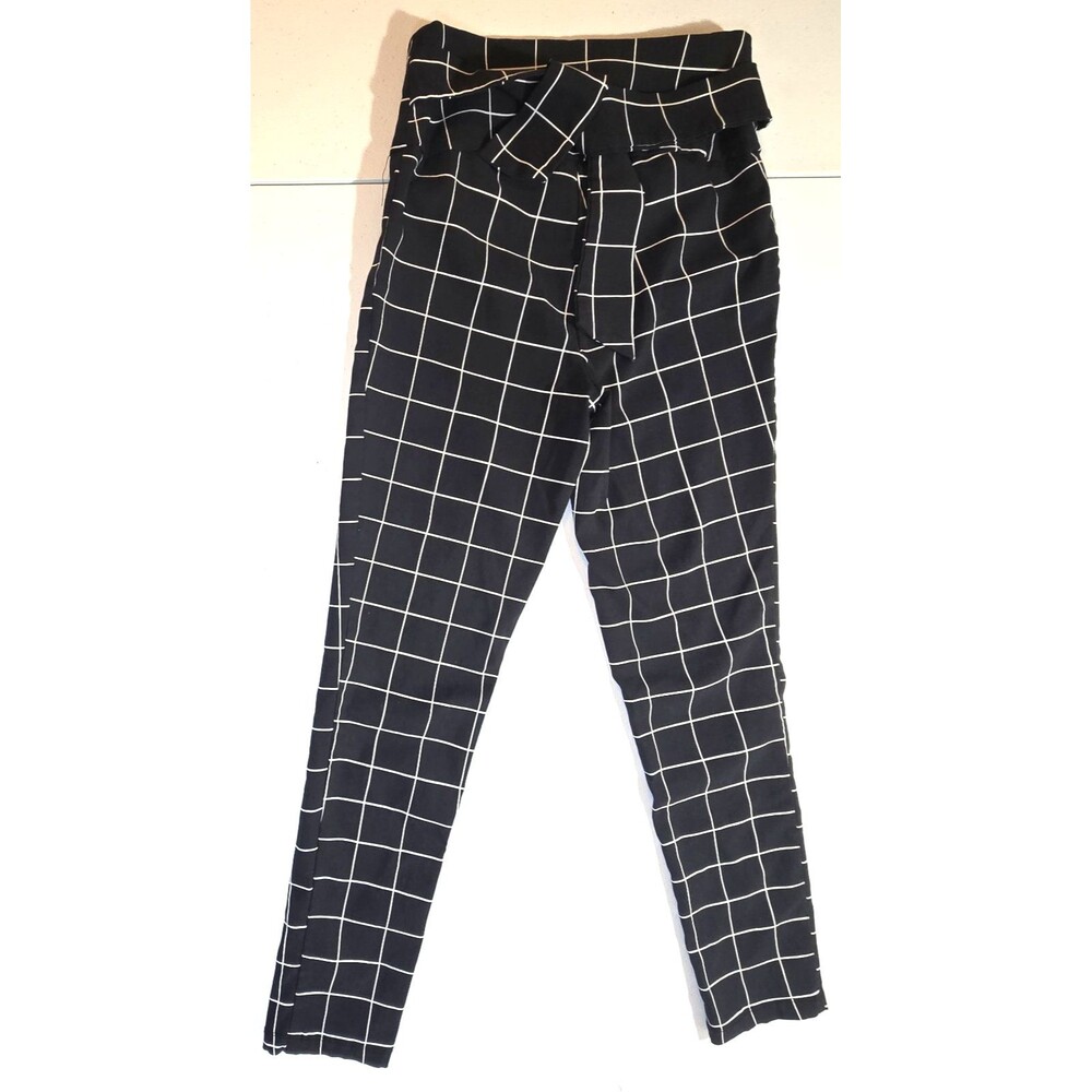 Wearever Women's Black White Grid Plaid Pull On Ankle Pants Belt Tie Medium